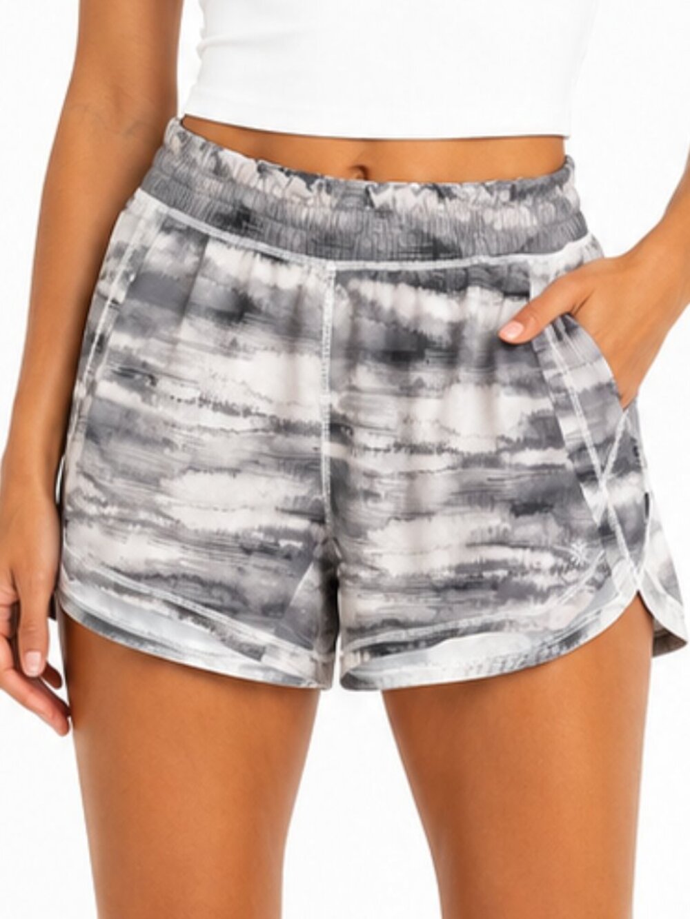 ATHLETA Racer Run Brief Shorts 4" Grey White Abstract Print Size M EUC